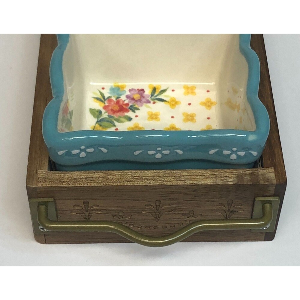 Pioneer Woman Blooming Bouquet Condiment Dish Set Mini Dip Square Bowl Wood Tray - Picture 3 of 11